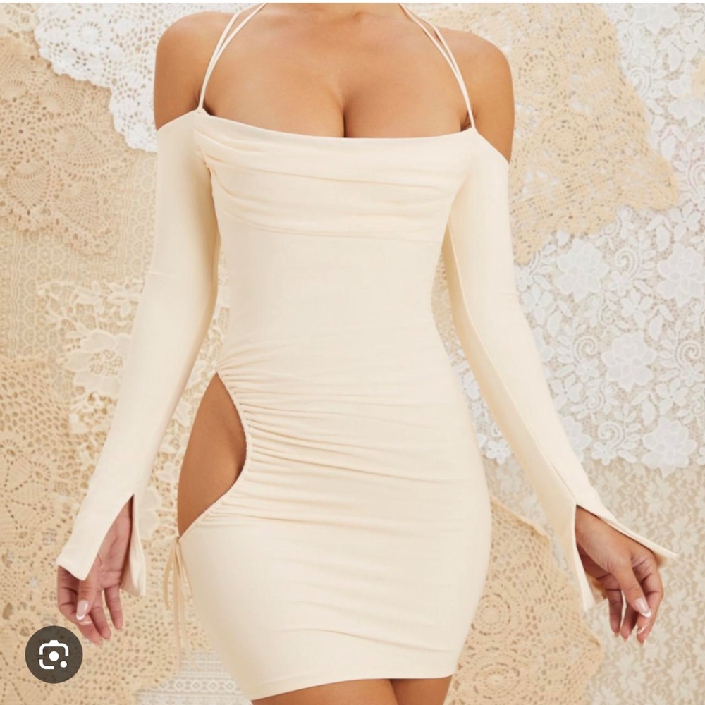 Oh Polly Cream Off-Shoulder Mini Dress